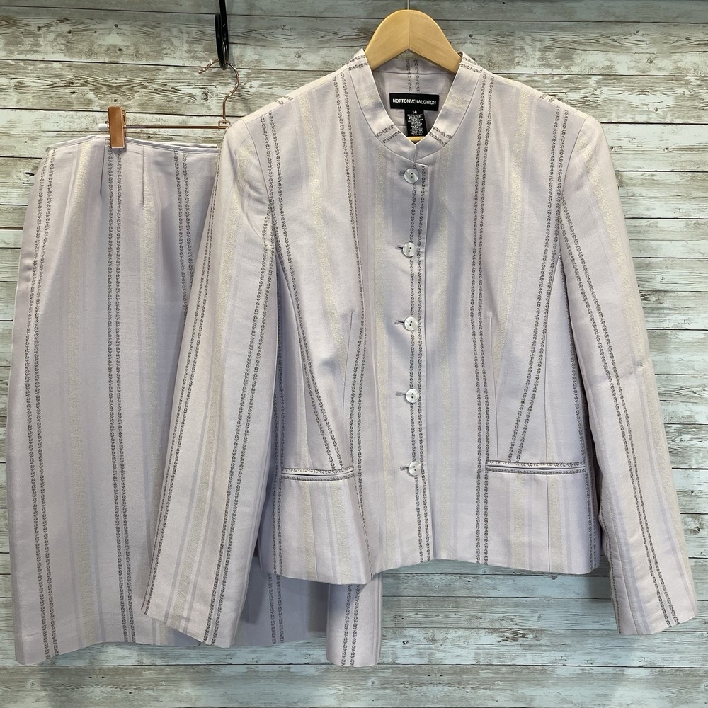Vintage Norton McNaughton Womens 14/16 Skirt Suit Light Purple‎ Embroidery Lined